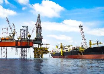 Beauty photo of drilling rig on production platform and FPSO shi