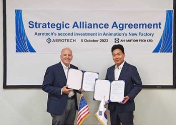 Handshake in Songdo City, South Korea: Aerotech CEO Mark Botos and ANI Motion Tech CEO Donghyuk (Tony) Shin are delighted about the further deepening of the partnership. Joint investments will be channelled into a new production and research facility in the heart of the up-and-coming industrial city.